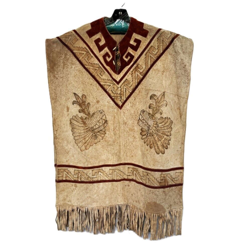 70’s Vintage Leather Western Cowboy Style Hand Tooled Serape Poncho